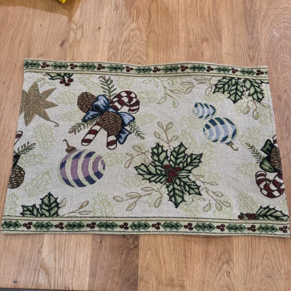 Vintage Christmas Tapestry Placemats Set of 4 Holly Candy Cane Ornament Woven